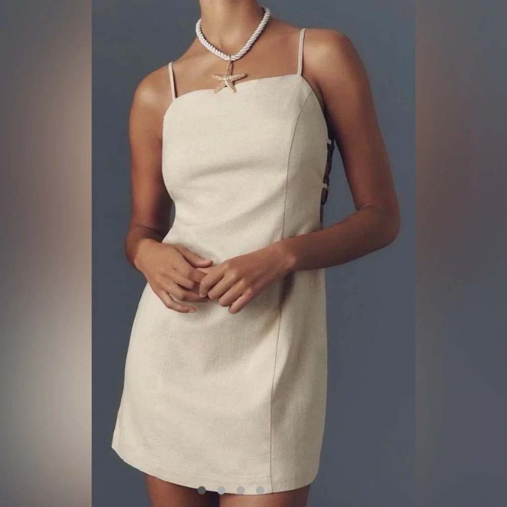 Smocked Linen Blend Mini Dress by Anthropologie in Beige, Size: XL Smocked Linen Blend Mini Dress by Anthropologie in Beige, Size: XL